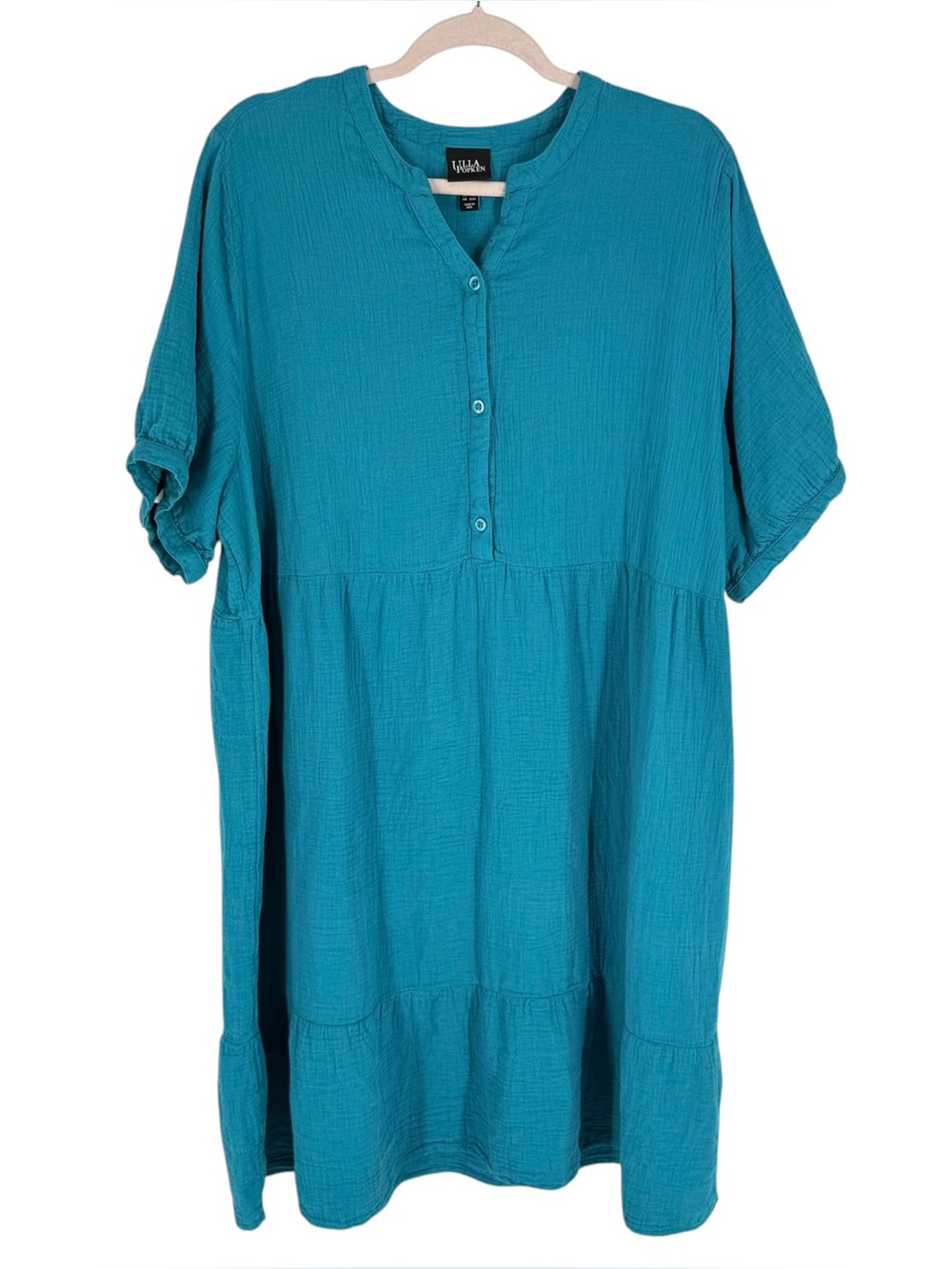 Ulla Popken Cotton Tiered Dress Womens Size 20 22 Blue Crinkle Gauze Flowy